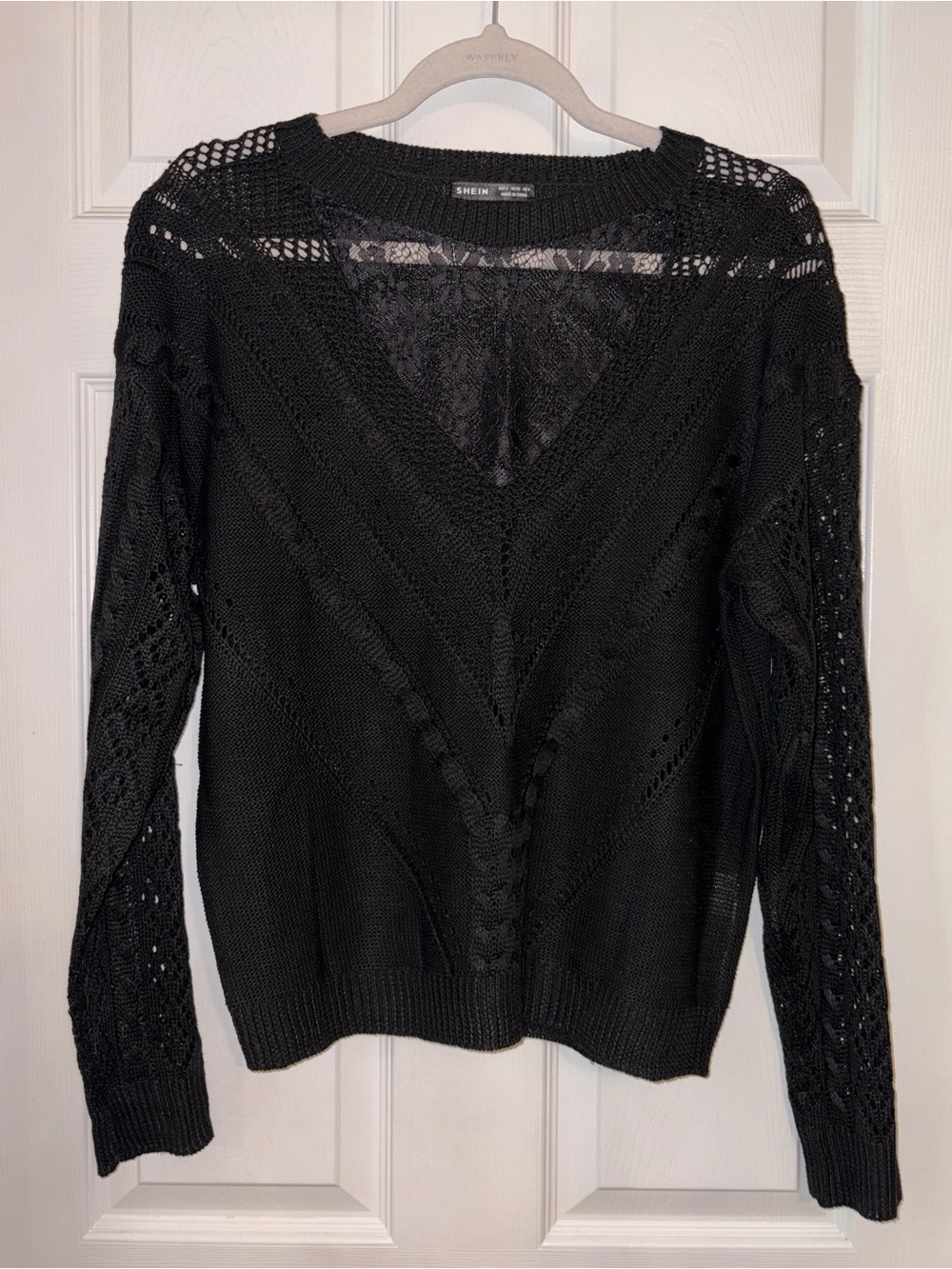 SHEIN Black V-Neck Open Knit Sweater